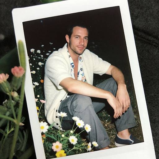 Polaroid of Man Sitting Among Wildflowers