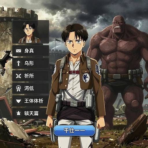 Digital anime-style artwork of Attack on Titan's Eren Yeager in front of a muscular, dark-skinned Titan, with a ruined cityscape and