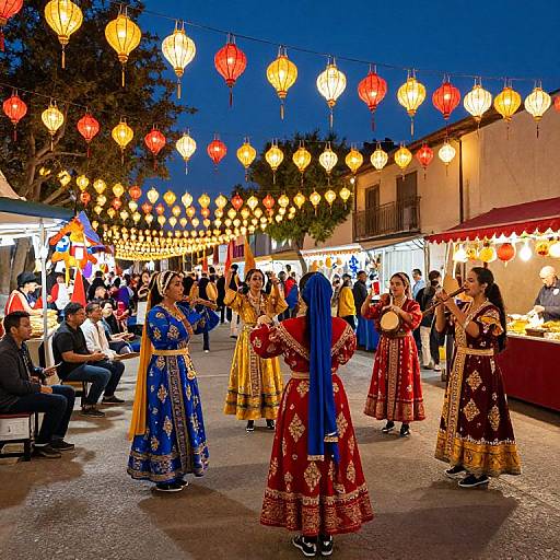 Photograph of women in colorful, traditional Indian outfits dancing under a string of red and yellow lanterns at a bustling evening market.