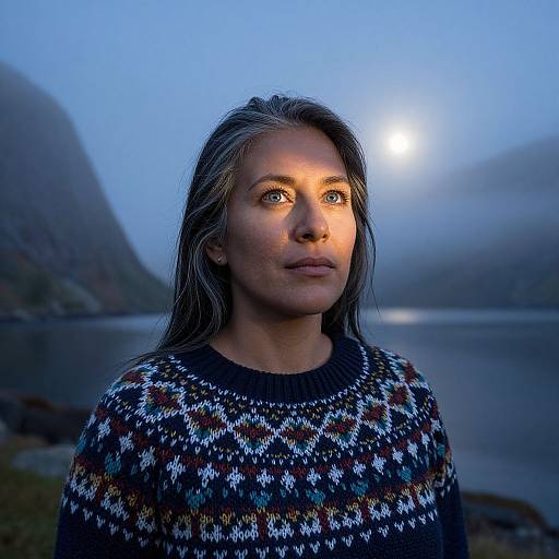Photograph of a young woman with long, wet, dark blonde hair, wearing a colorful knit sweater, standing by a misty lake at sunrise with