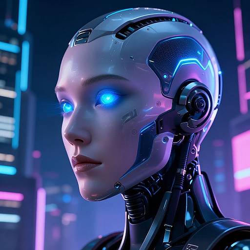Photorealistic CGI of a female android with glowing blue eyes, metallic head, and futuristic cityscape background illuminated by neon lights.