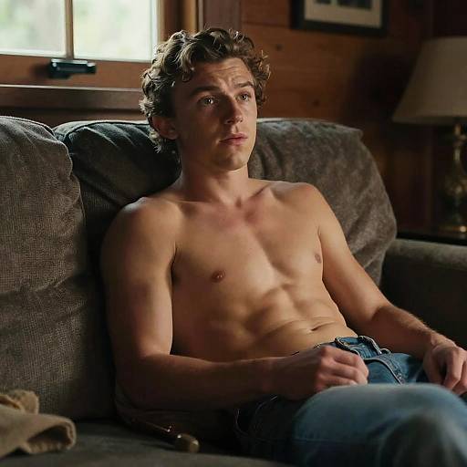 Shirtless Young Man Relaxing on Couch