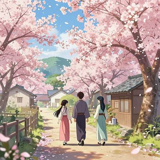 Peaceful Anime Village Under Blossoms