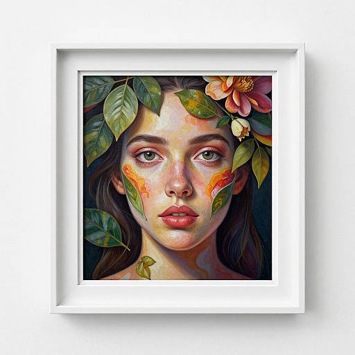 Digital painting of a young woman with green leaf and flower adornments, vivid orange and red facial markings, framed in white.