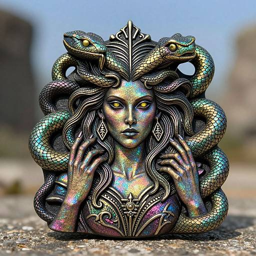 Photorealistic sculpture of a serpent-entwined, iridescent goddess with glowing yellow eyes, intricate metallic hair, and detailed jewelry, set