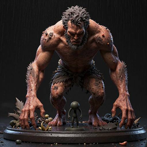 CGI fantasy scene: towering, muscular, bearded ogre with fur-covered body, crouching menacingly in rain, towering over tiny,
