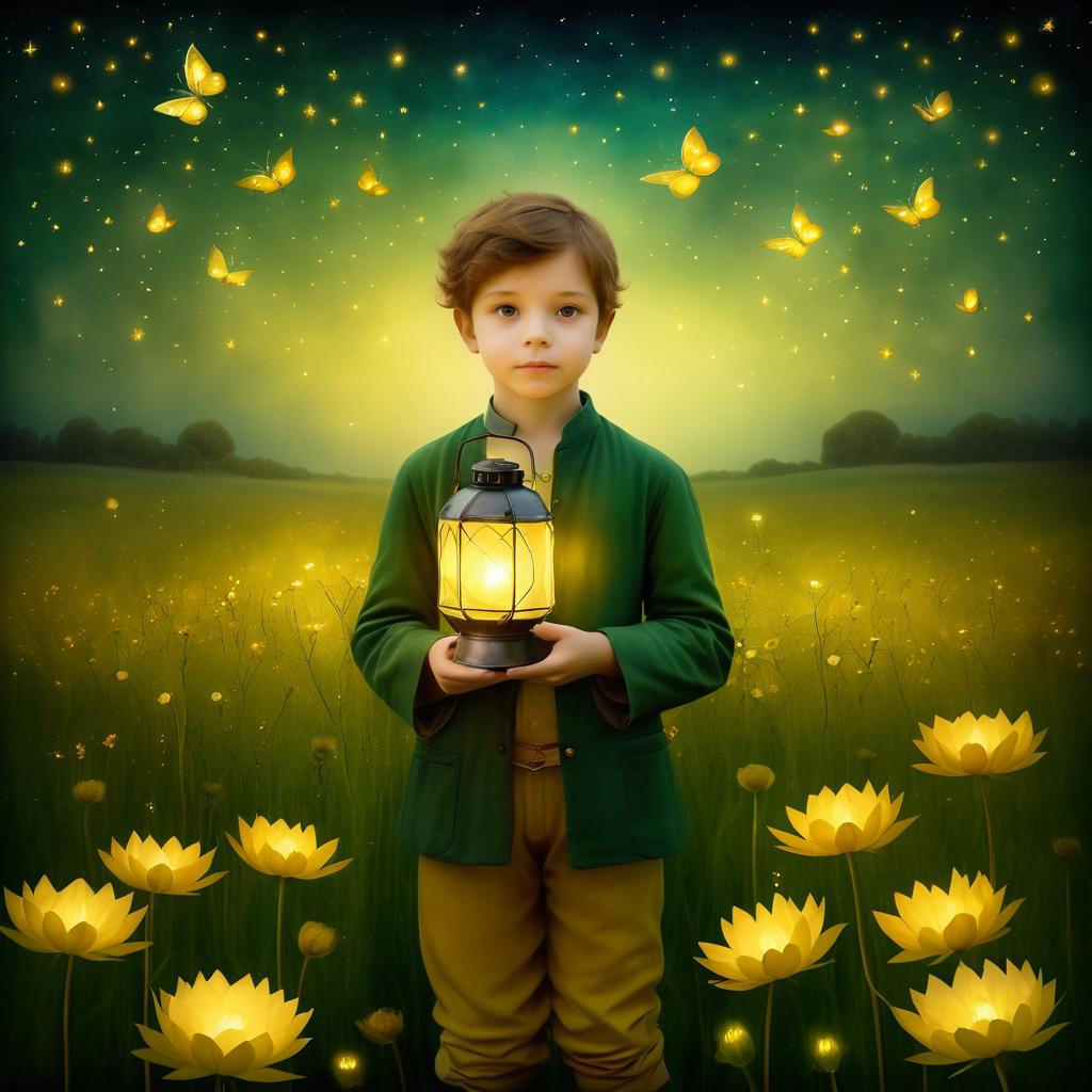 Surreal Boy with Lantern in Flower Field