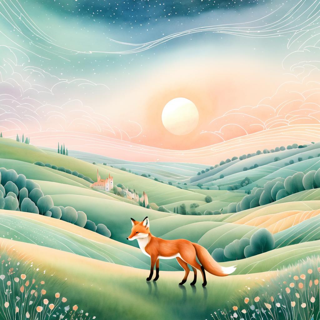 Curious Fox in Whimsical Pastel Landscape