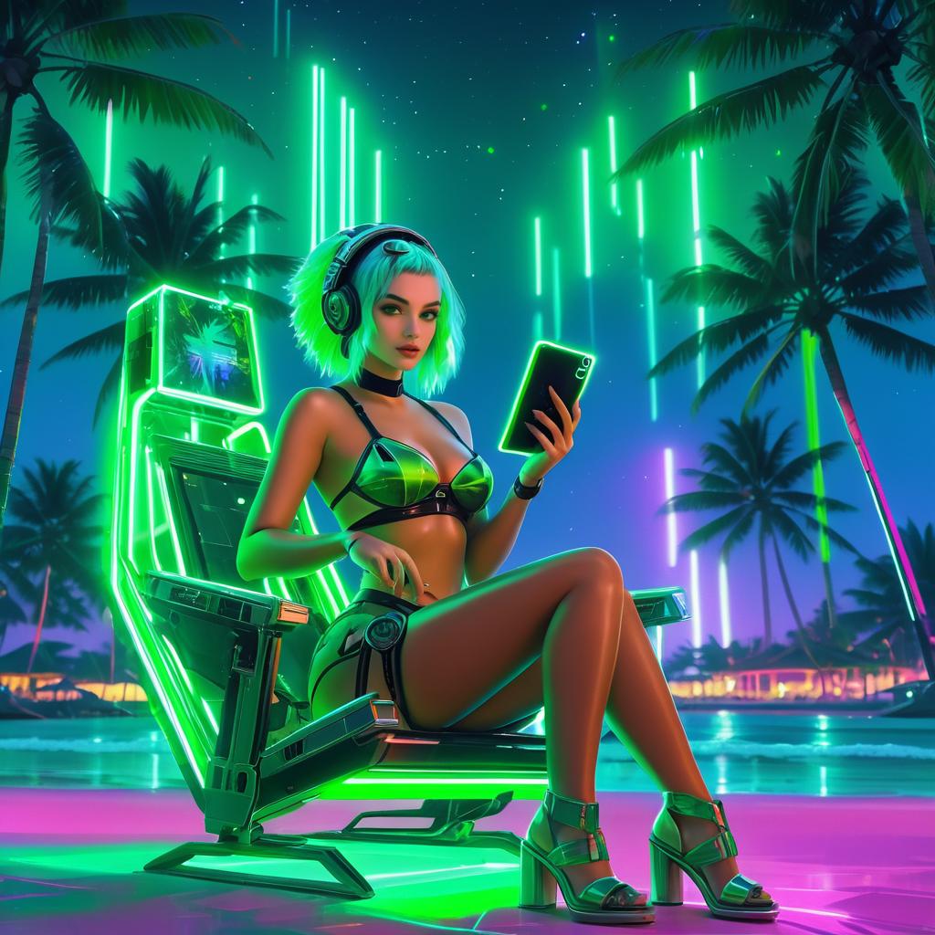 Futuristic Cyberpunk Girl on Neon Beach