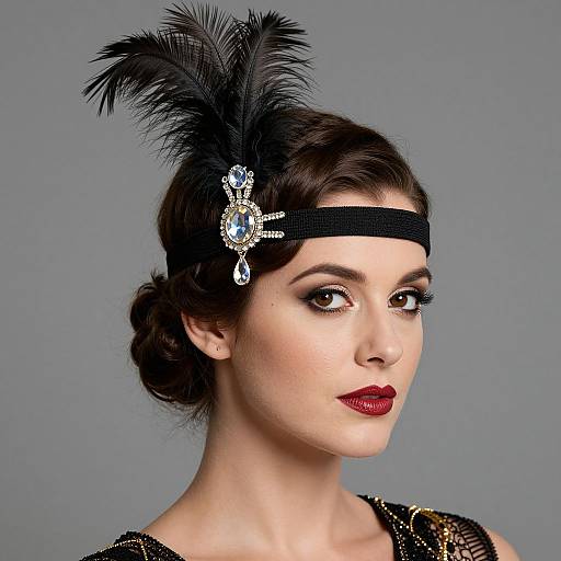 Vintage-style photograph of a fair-skinned woman with dark hair, wearing a black feather headband, diamond headpiece, red lipstick, and black sequ