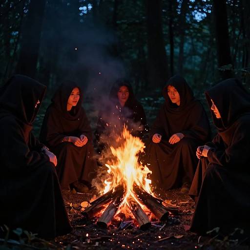 Four women in black hooded robes sit around a glowing campfire in a dark forest, hands clasped, faces illuminated by firelight. Photographic
