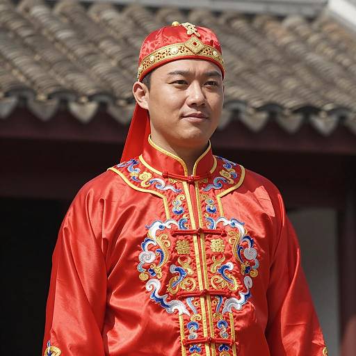 Asian Man in Traditional Red Chinese Attire