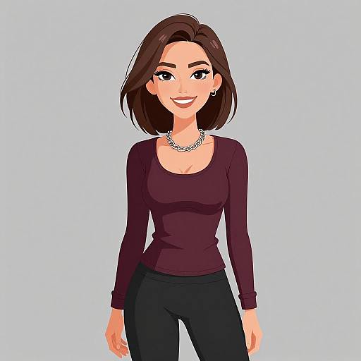 Digital illustration of a smiling woman with short brown hair, wearing a maroon long-sleeve top, black pants, and a silver necklace, against