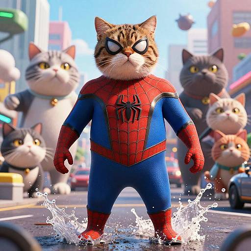 Fat Cat Dressed as Spiderman Splashing in Water