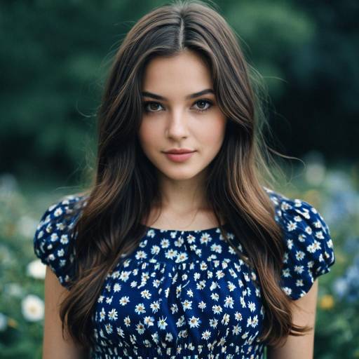 Elegant Girl in Dark Blue Floral Dress