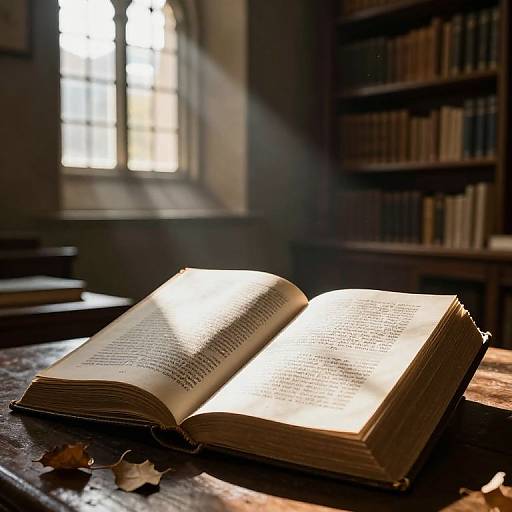 Photograph of an open, sunlit book on a wooden table in a dimly lit library with bookshelves and a window.