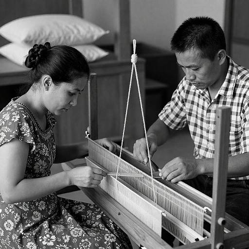 Two People Weaving on Wooden Loom