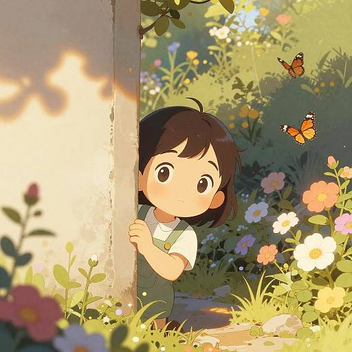 Curious Child Peeking Behind Wall in Garden