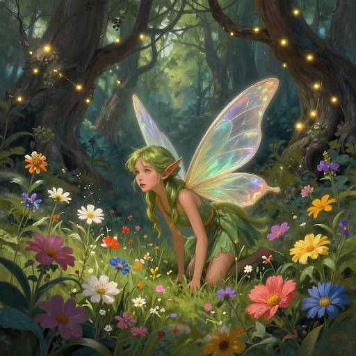 Digital painting of a green-haired fairy with iridescent wings, kneeling in a vibrant forest meadow of colorful flowers, surrounded by glowing fireflies.