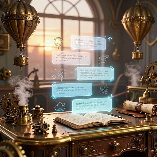Steampunk library scene with glowing blue text bubbles above an open book on a brass table, illuminated by warm sunlight.