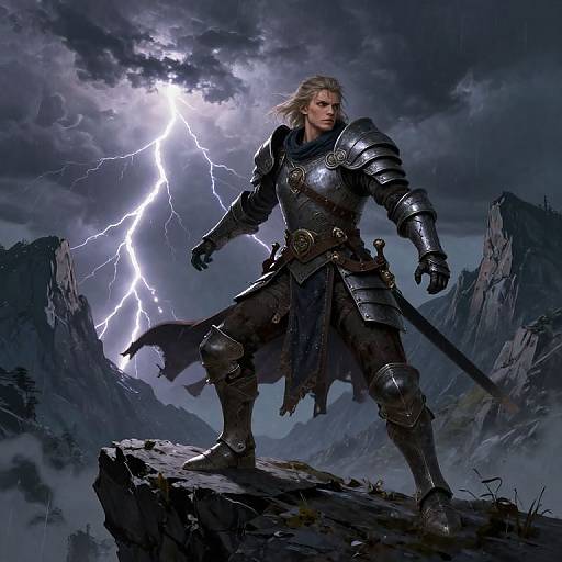 Digital fantasy artwork: muscular, blond warrior in dark, ornate armor stands on rocky cliff, lightning illuminating stormy sky, mountains in background.