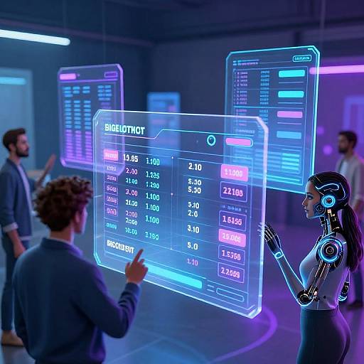 Digital futuristic lab: Three people, including a cybernetic woman, interact with glowing blue and purple holographic screens displaying cryptocurrency data.