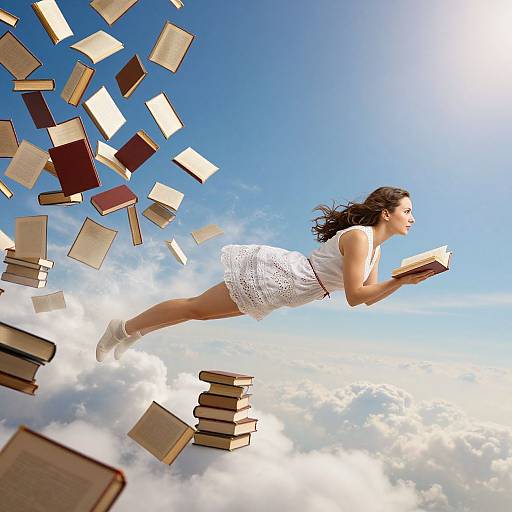 Photograph of a woman in a white lace dress, floating in the sky, surrounded by floating books, reading under a bright blue sky with clouds.