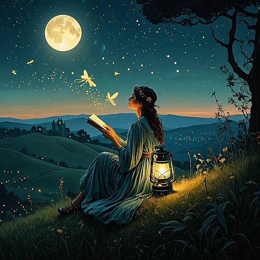 Woman Reading on a Hill at Twilight