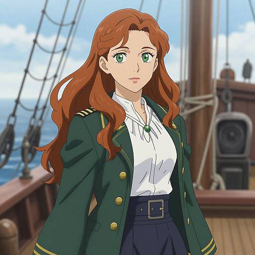 Anime-style digital drawing of a red-haired woman with green eyes, wearing a green military-style jacket over a white blouse, standing on a wooden ship deck