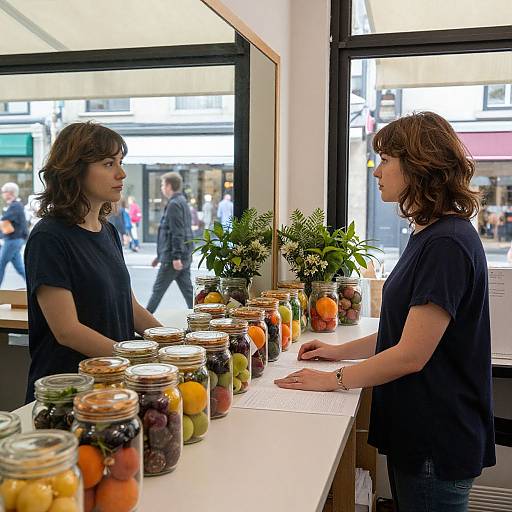 Photograph of two women in black shirts, standing behind a counter with jars of colorful preserved fruits and green plants, in a bright, modern shop with