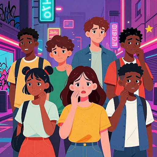 Digital illustration of diverse group of six teenagers in neon-lit urban street at night, wearing casual clothes, standing together.