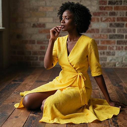 Photograph of a dark-skinned woman with short curly hair, wearing a vibrant yellow textured dress, sitting on wooden floor against a brick wall, thought