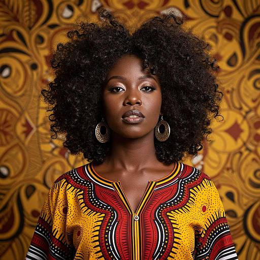 Photograph of a dark-skinned woman with natural afro hair, wearing a vibrant yellow, red, and black patterned traditional dress, against a