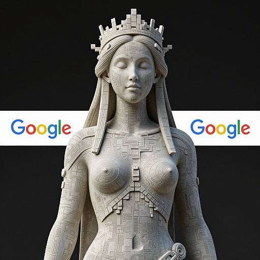 CGI 3D sculpture of a topless, pixelated woman with crown, small breasts, and geometric patterns, against a black background with 