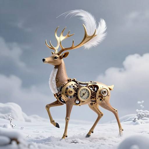 Digital artwork of a golden, mechanical reindeer with large antlers, white feathered tail, and clockwork gears, standing in a snowy, cloudy