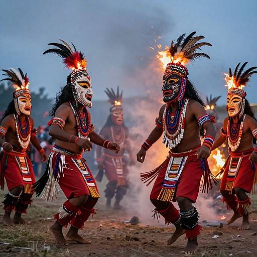 Photograph of Indigenous dancers in vibrant red skirts, black feathered headdresses, and face paint, performing with fiery torches at dusk.