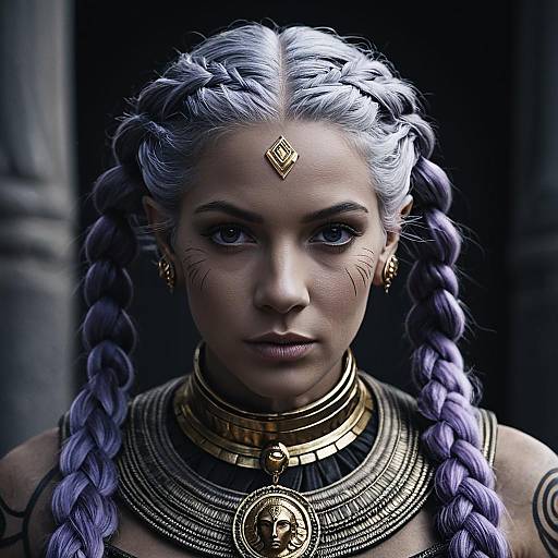 Gray Female Sphinx with Lavender Braids and Gold Collar