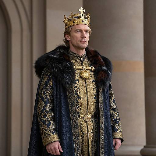 Photograph of a white man with light brown hair wearing a gold crown, black fur-trimmed royal robe, and intricate gold-patterned tunic