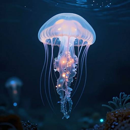 Photograph of a glowing, translucent jellyfish with bright blue and white lights, floating in a dark underwater scene.