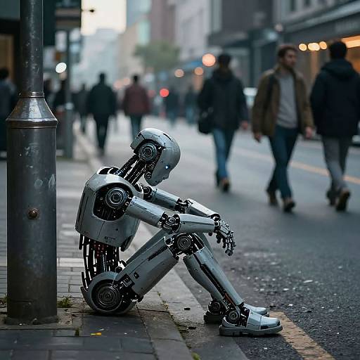 Photograph of a silver robotic figure sitting on a city sidewalk, arms resting on knees, with blurred pedestrians in the background. Urban street scene with street