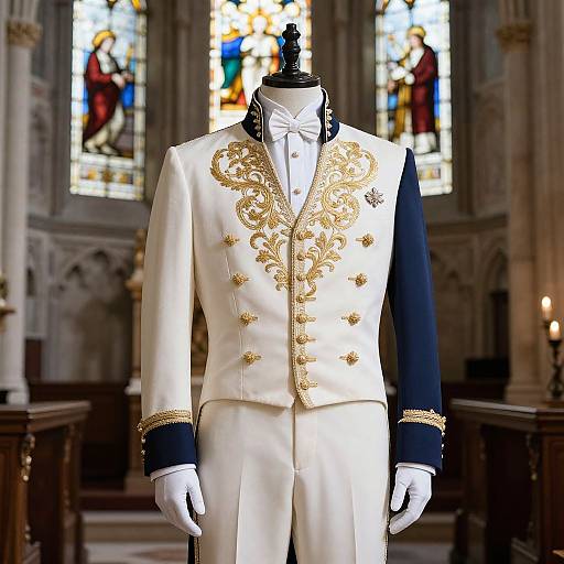 Photograph of an elegant white and gold embroidered formal tuxedo on a black mannequin in a dimly lit, ornate church with colorful