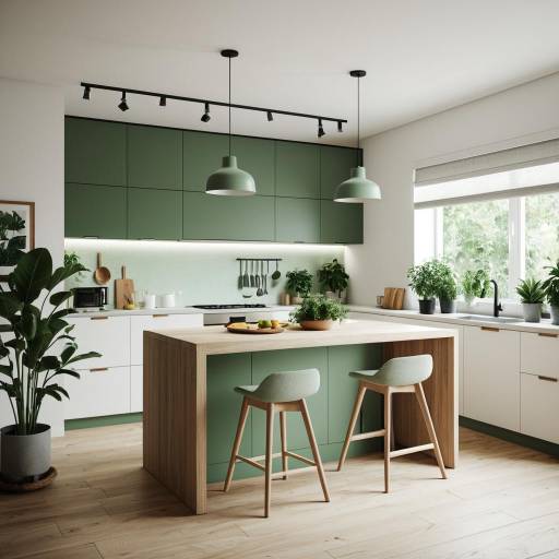Modern Kitchen with Green and Wood Accents