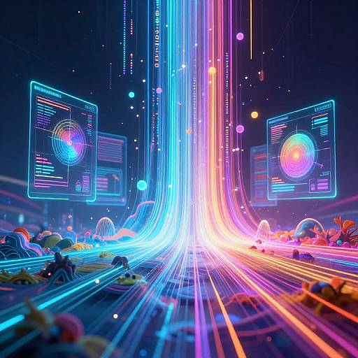 Neon-lit futuristic digital scene with vibrant blue, pink, and purple light trails, holographic screens, and floating orbs on a dark background.