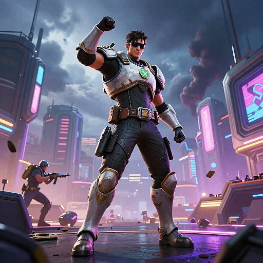 CGI image of a muscular, dark-haired man in futuristic armor, flexing his arm in a neon-lit, cyberpunk cityscape with other