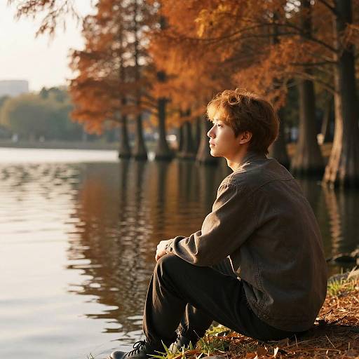 Contemplative Asian by Autumn Lake