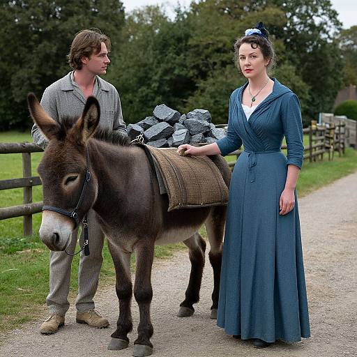 Photograph of a Victorian-era woman in a blue dress and black headpiece standing beside a brown donkey with a pack, accompanied by a man in