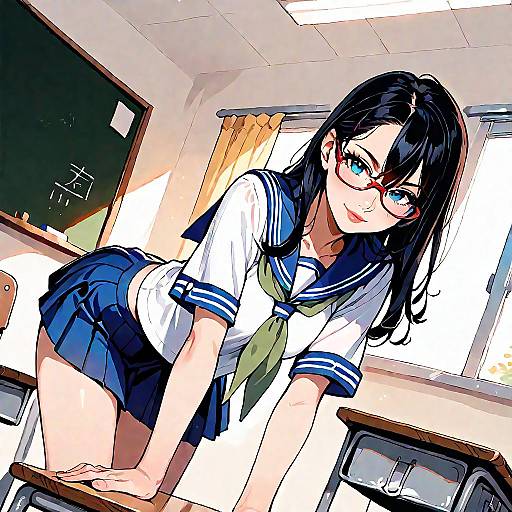 Digital anime-style drawing of a cute, black-haired schoolgirl with glasses, wearing a navy blue sailor uniform, leaning over a desk in a sunlit