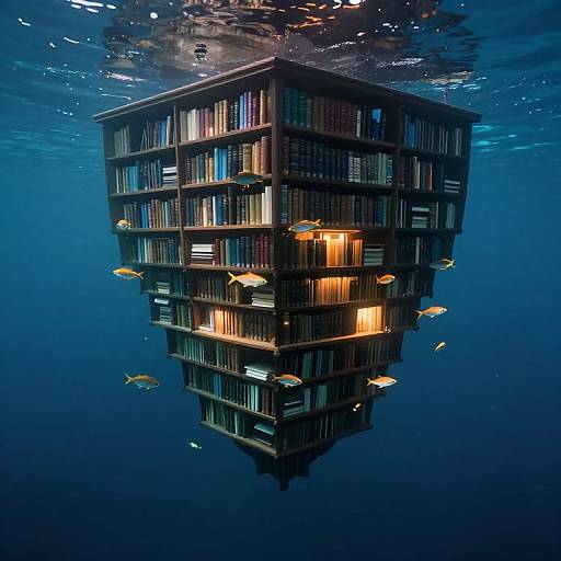 Photograph of a floating, six-story library cube submerged in deep blue ocean water, illuminated by warm lights, with colorful fish swimming around it.