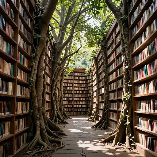 Photograph of a sunlit library aisle with tall trees growing between two rows of wooden bookshelves, casting dappled shadows on the stone floor