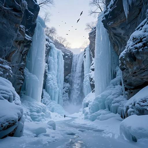 Photograph of a frozen waterfall with towering icicles, snow-covered rocks, and a bright, overexposed sky above. Birds fly in the distant
